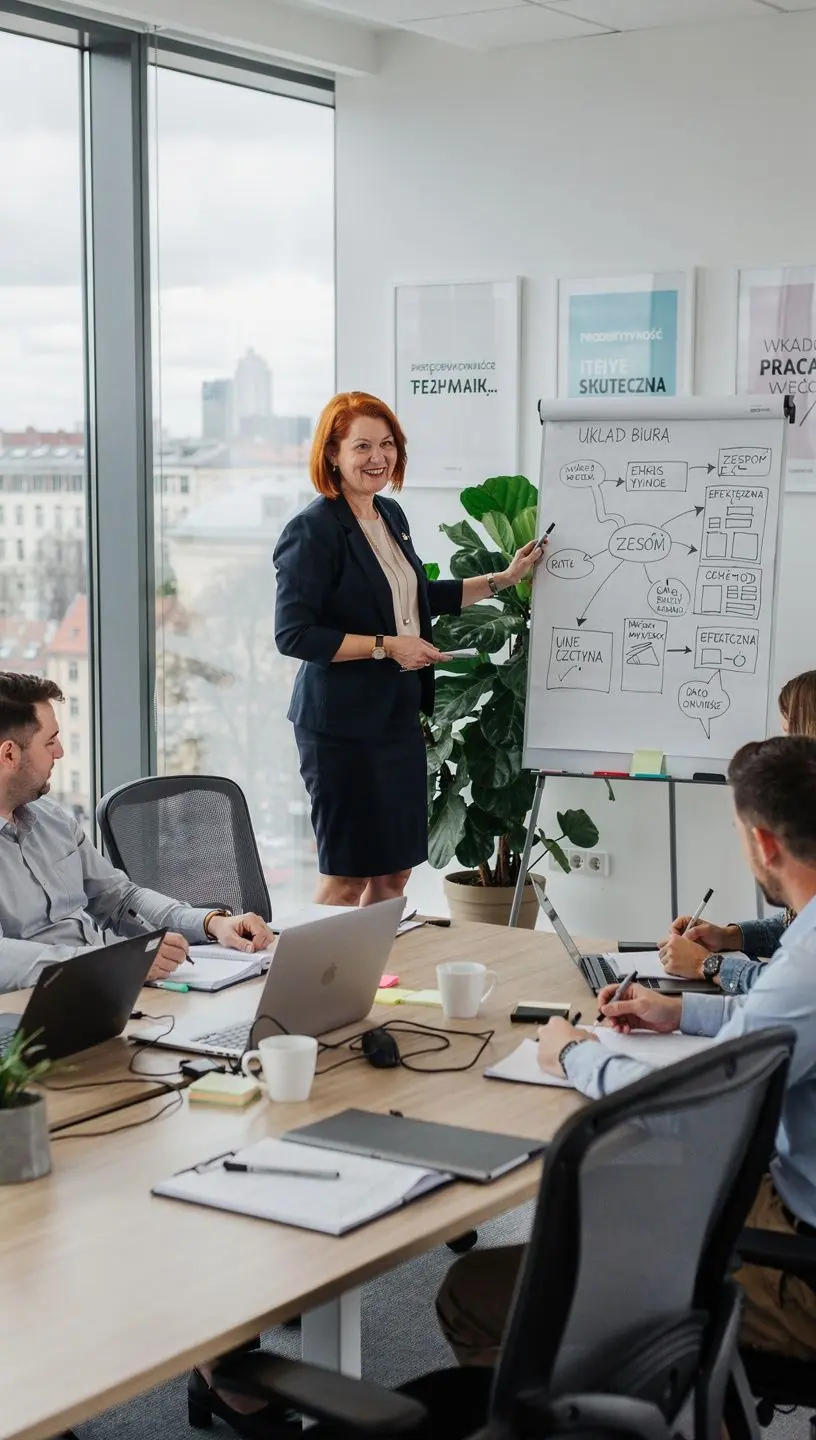 Przykład efektywnego rozplanowania stanowisk pracy w otwartym biurze.