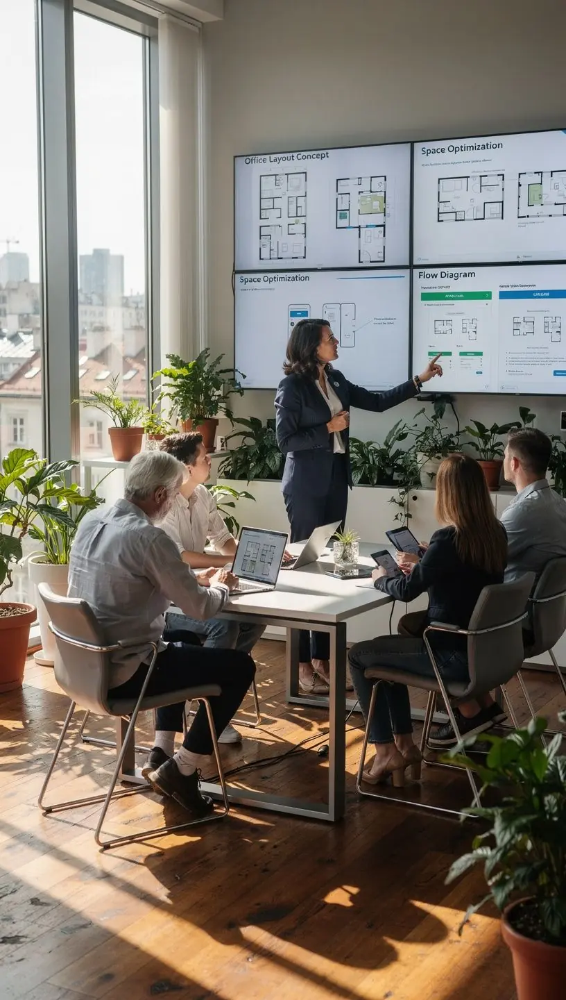 Schemat ergonomicznego rozmieszczenia mebli biurowych dla poprawy komfortu pracy.