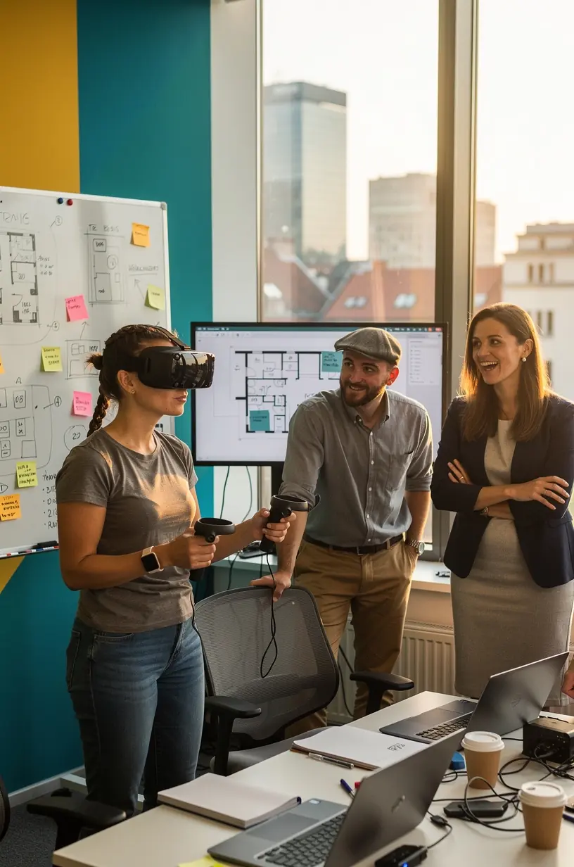 Konsultant omawiający projekt optymalizacji przestrzeni biurowej z zespołem klientów.